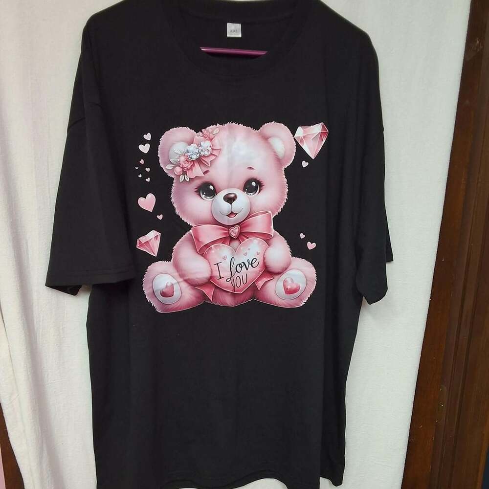Kawaii Bear I Love You Graphic T-Shirt XXL Black Cotton